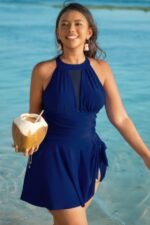 Plus Size Halter Ruched Sleeveless Swim Dress - Image 2