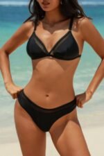 Two Pieces Lace Trim Solid High Cut Bikini - Image 4