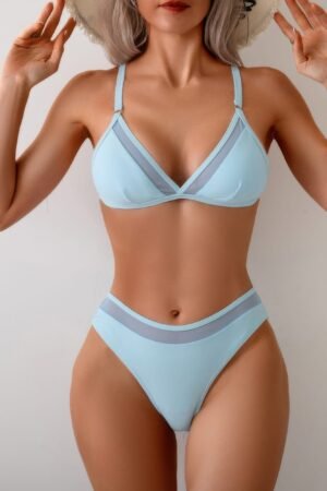 Two Pieces Lace Trim Solid High Cut Bikini