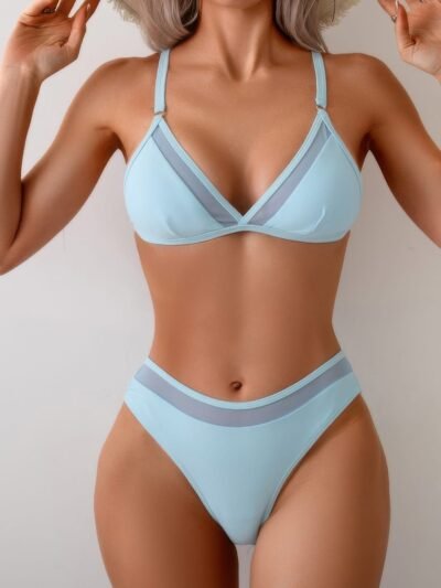 Two Pieces Lace Trim Solid High Cut Bikini Two Pieces Lace Trim Solid High Cut Bikini