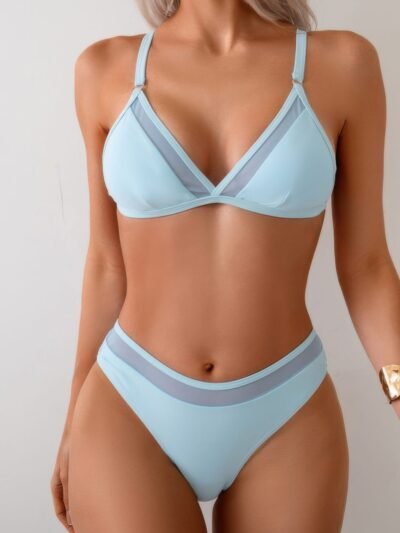 Two Pieces Lace Trim Solid High Cut Bikini Two Pieces Lace Trim Solid High Cut Bikini