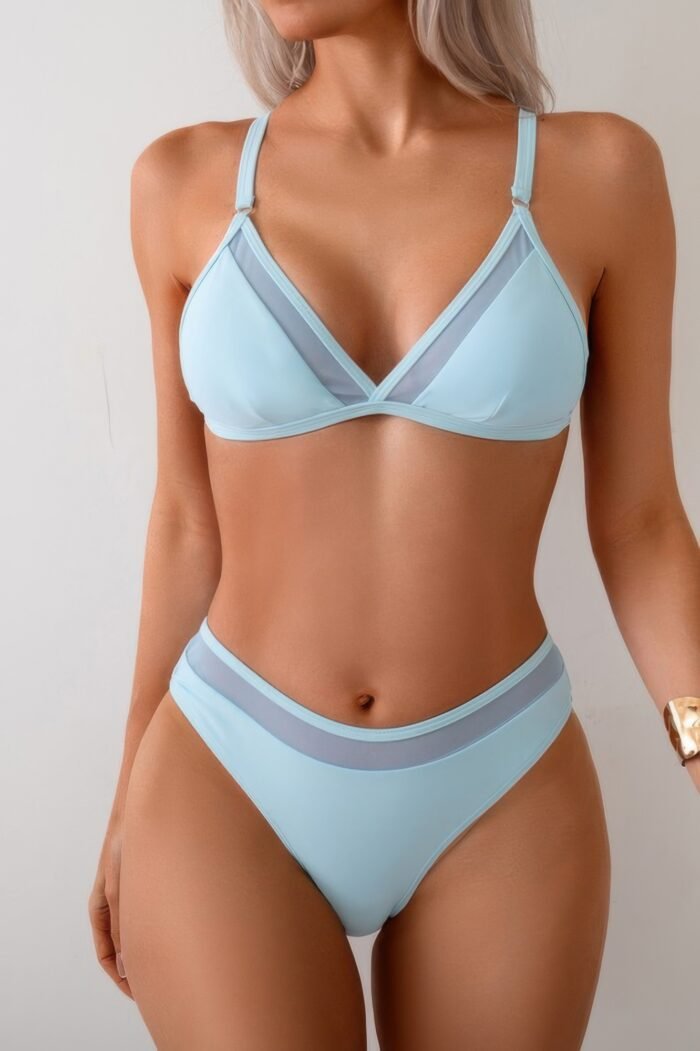 Two pieces lace trim solid high cut bikini - image 11