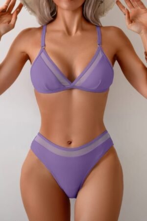 Two Pieces Lace Trim Solid High Cut Bikini