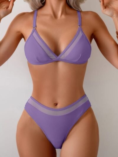 Two Pieces Lace Trim Solid High Cut Bikini Two Pieces Lace Trim Solid High Cut Bikini