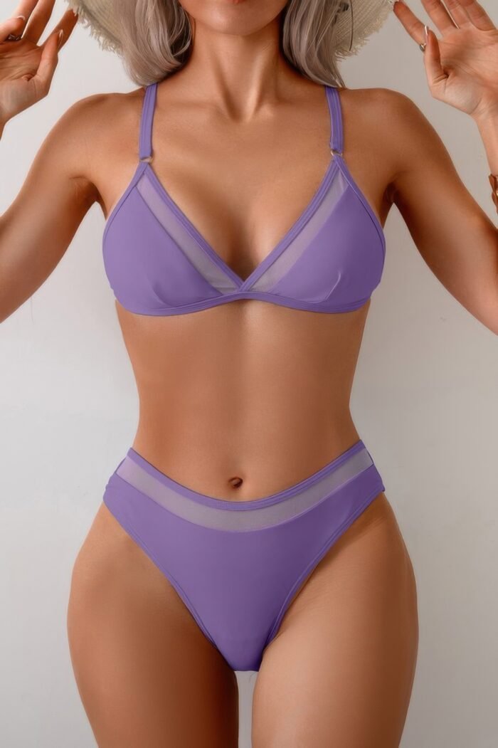 Two pieces lace trim solid high cut bikini - image 13