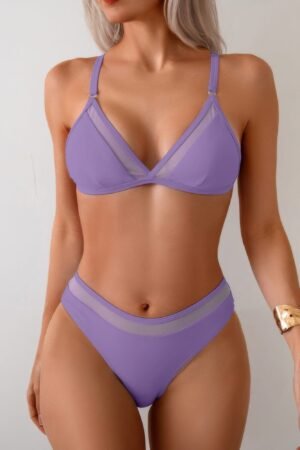 Two Pieces Lace Trim Solid High Cut Bikini