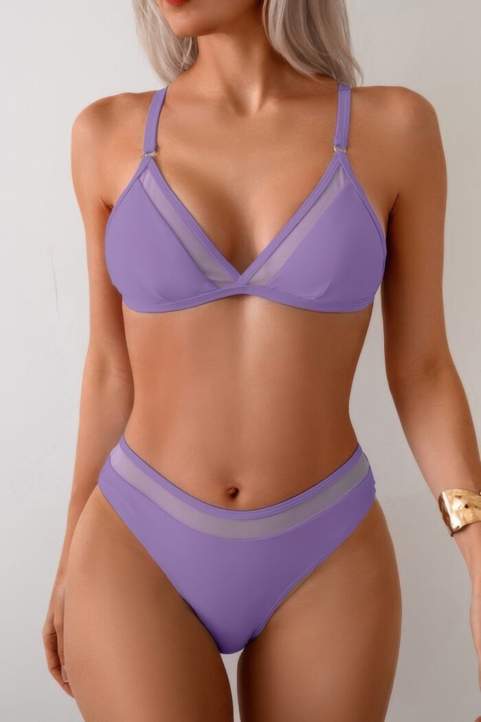 Two pieces lace trim solid high cut bikini - image 14