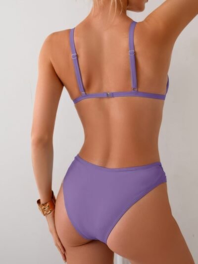 Two Pieces Lace Trim Solid High Cut Bikini Two Pieces Lace Trim Solid High Cut Bikini