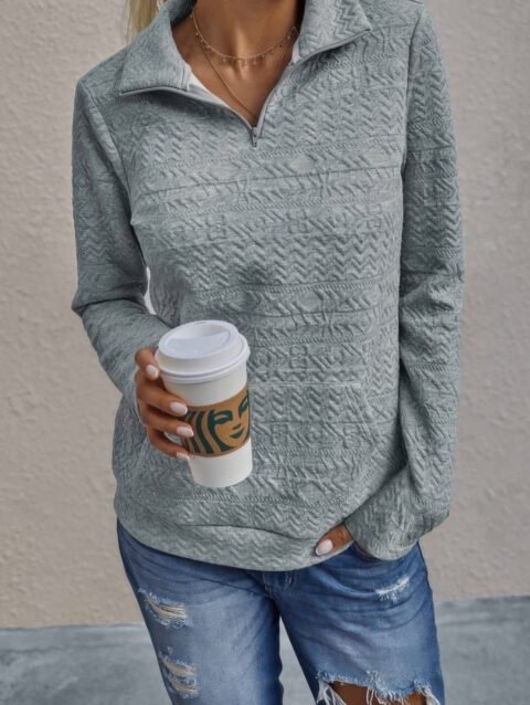 Half Zip Textured Solid Long Sleeve Pullover