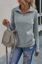 Half Zip Textured Solid Long Sleeve Pullover - Image 2