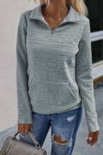 Half Zip Textured Solid Long Sleeve Pullover - Image 3