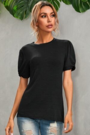 Solid Round Neck Puff Sleeve T-shirt