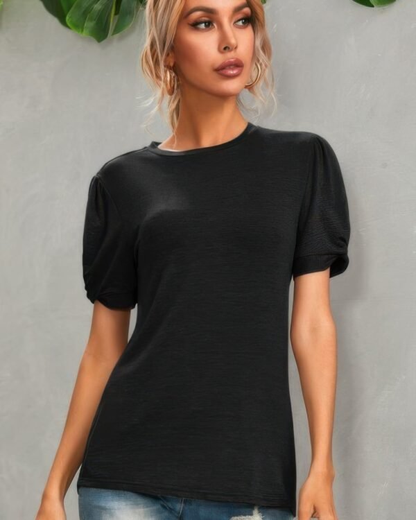 Solid Round Neck Puff Sleeve T-shirt