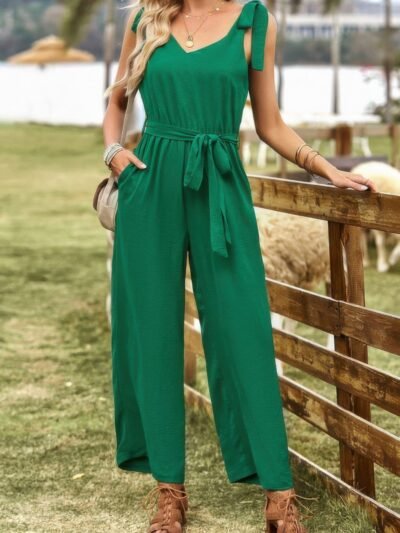 Solid Belt V Neck Wide Leg Fit Jumpsuit