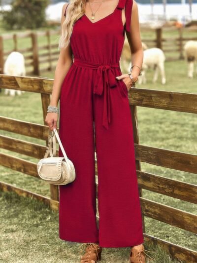 Solid Belt V Neck Wide Leg Fit Jumpsuit