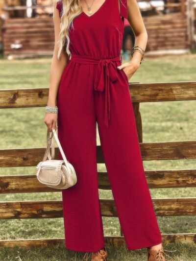Solid Belt V Neck Wide Leg Fit Jumpsuit