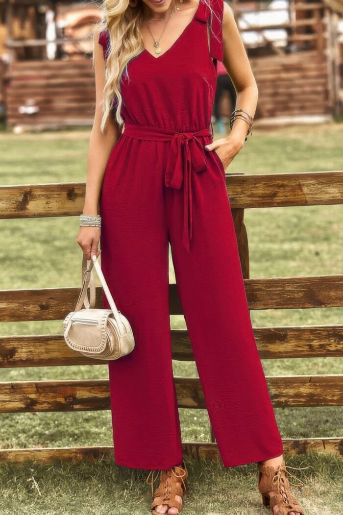 Solid Belt V Neck Wide Leg Fit Jumpsuit - Image 8