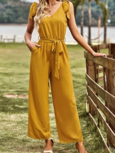 Solid Belt V Neck Wide Leg Fit Jumpsuit