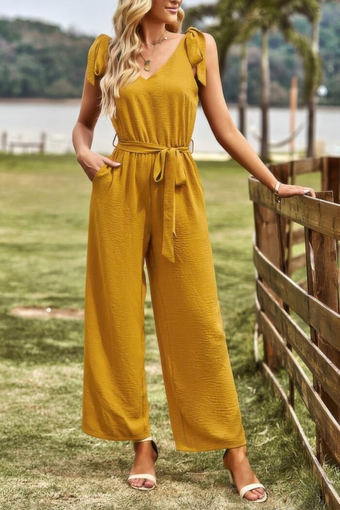 Solid Belt V Neck Wide Leg Fit Jumpsuit - Image 11