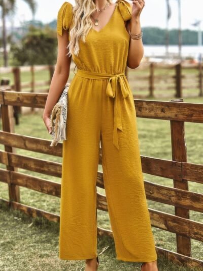 Solid Belt V Neck Wide Leg Fit Jumpsuit