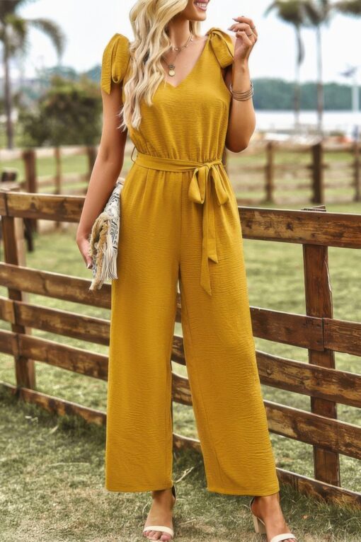 Solid Belt V Neck Wide Leg Fit Jumpsuit - Image 13