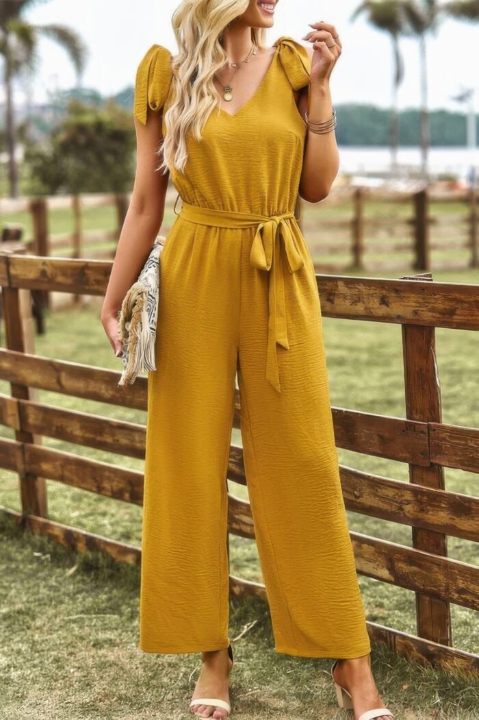 Solid Belt V Neck Wide Leg Fit Jumpsuit - Image 13