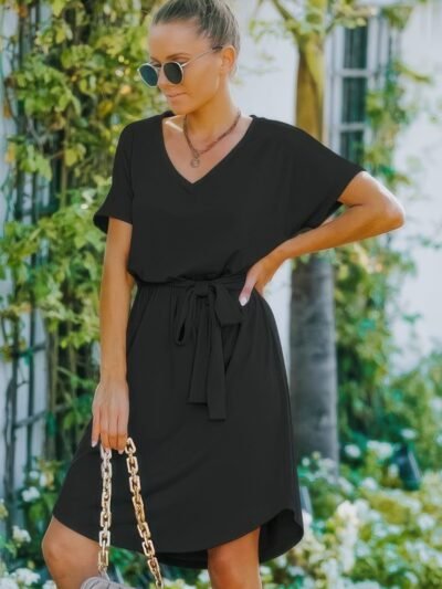 V Neck Waist Tie Solid A Line Dress