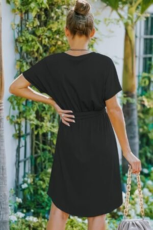 V Neck Waist Tie Solid A Line Dress V Neck Waist Tie Solid A Line Dress