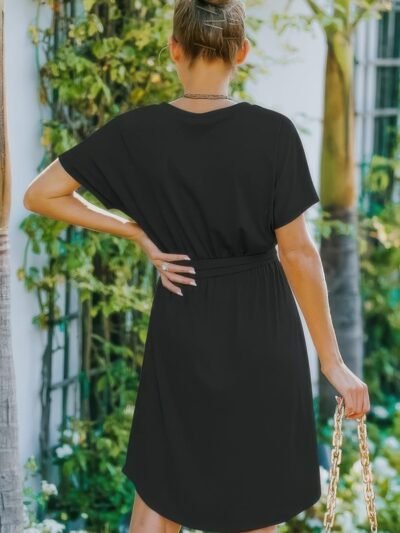 V Neck Waist Tie Solid A Line Dress V Neck Waist Tie Solid A Line Dress