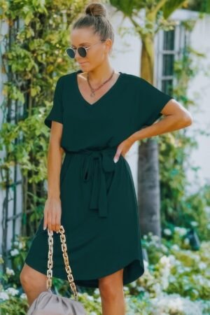 V Neck Waist Tie Solid A Line Dress V Neck Waist Tie Solid A Line Dress