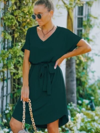 V Neck Waist Tie Solid A Line Dress V Neck Waist Tie Solid A Line Dress