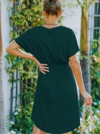 V Neck Waist Tie Solid A Line Dress V Neck Waist Tie Solid A Line Dress