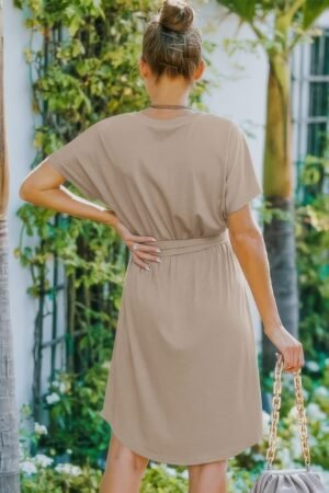 V Neck Waist Tie Solid A Line Dress V Neck Waist Tie Solid A Line Dress