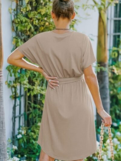 V Neck Waist Tie Solid A Line Dress V Neck Waist Tie Solid A Line Dress