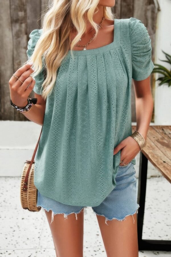 Square Neck Puff Sleeve Tunic Tops Eyelet Shirt