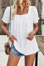 Square Neck Puff Sleeve Tunic Tops Eyelet Shirt
