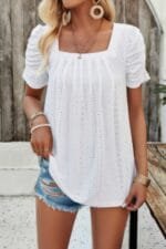 Square Neck Puff Sleeve Tunic Tops Eyelet Shirt