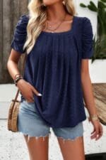 Square Neck Puff Sleeve Tunic Tops Eyelet Shirt