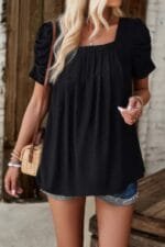 Square Neck Puff Sleeve Tunic Tops Eyelet Shirt