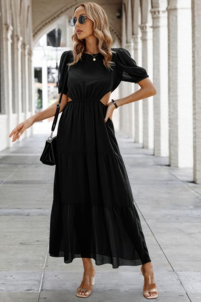 Cut out waist ruffle hem puff sleeves fit dress - image 1