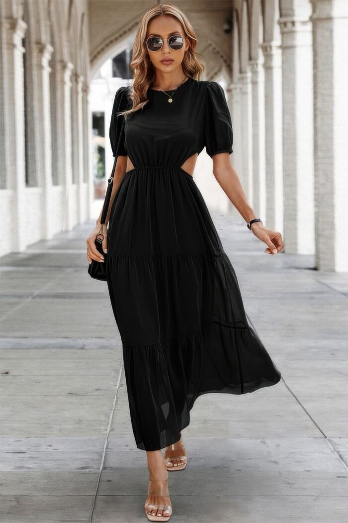 Cut out waist ruffle hem puff sleeves fit dress - image 2