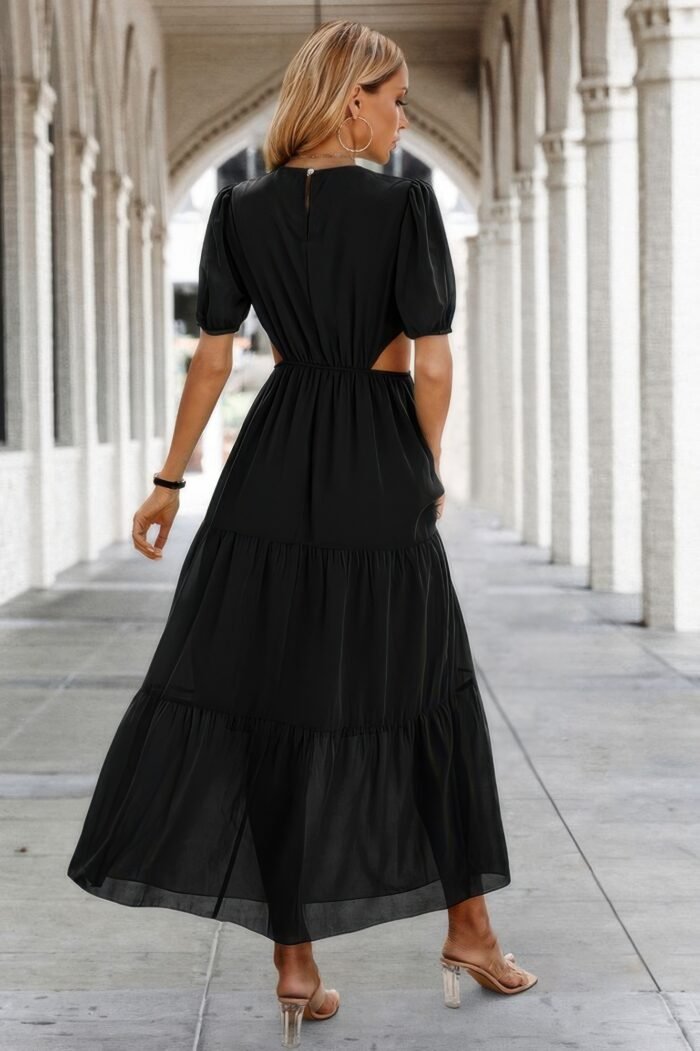 Cut out waist ruffle hem puff sleeves fit dress - image 3