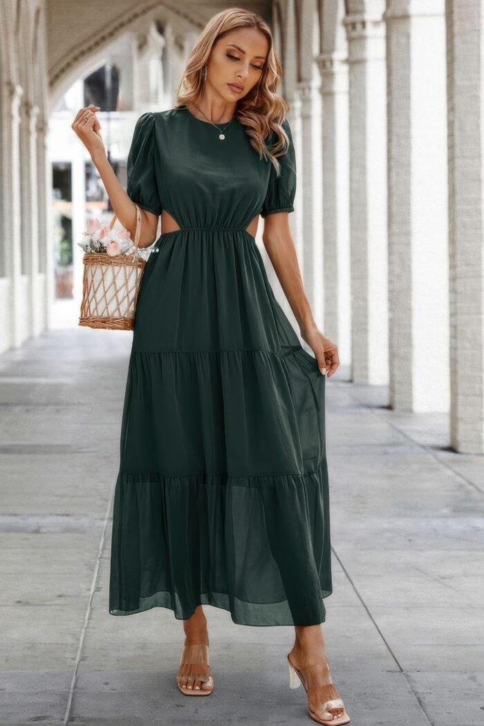 Cut out waist ruffle hem puff sleeves fit dress - image 4