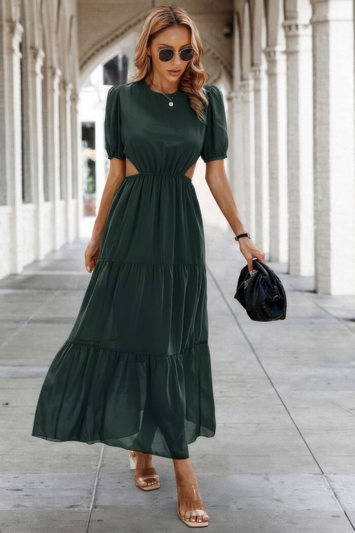 Cut out waist ruffle hem puff sleeves fit dress - image 5