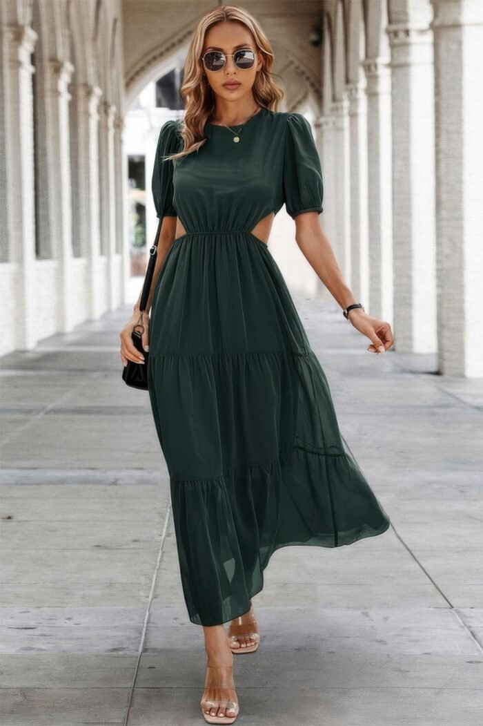 Cut out waist ruffle hem puff sleeves fit dress - image 7