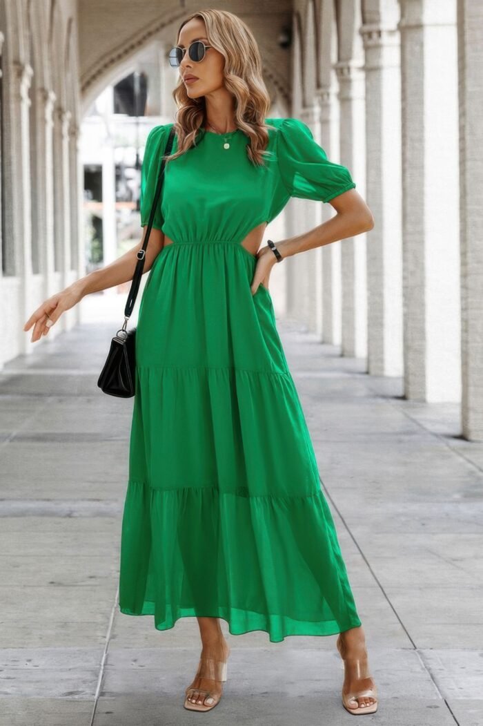 Cut out waist ruffle hem puff sleeves fit dress - image 8