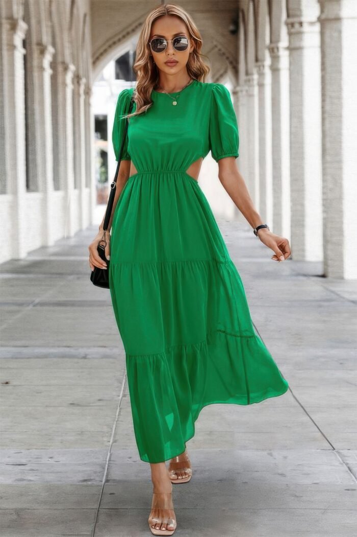Cut out waist ruffle hem puff sleeves fit dress - image 9