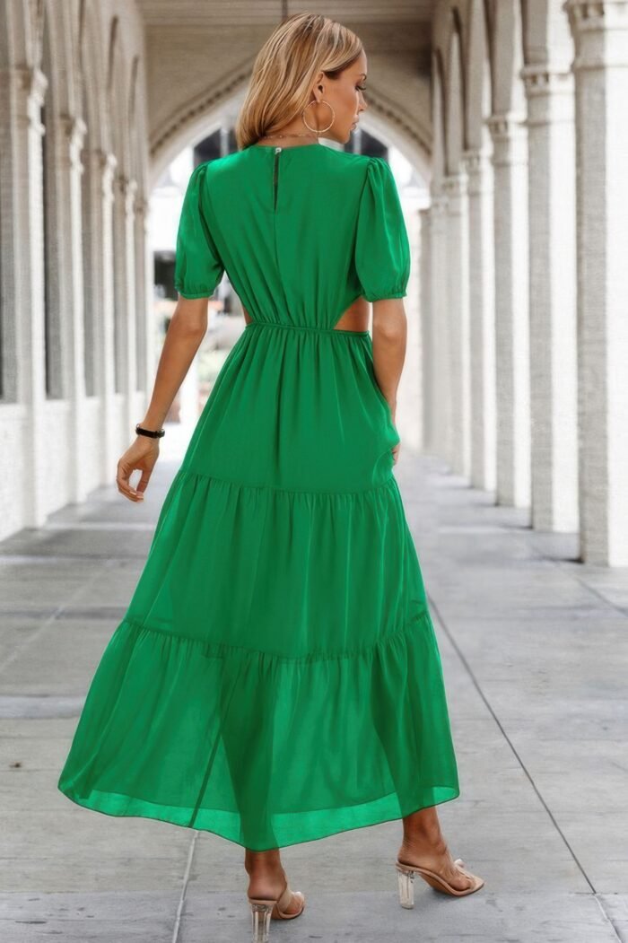 Cut out waist ruffle hem puff sleeves fit dress - image 10