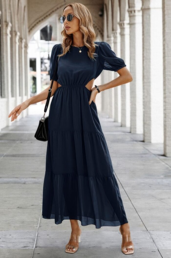 Cut out waist ruffle hem puff sleeves fit dress - image 11
