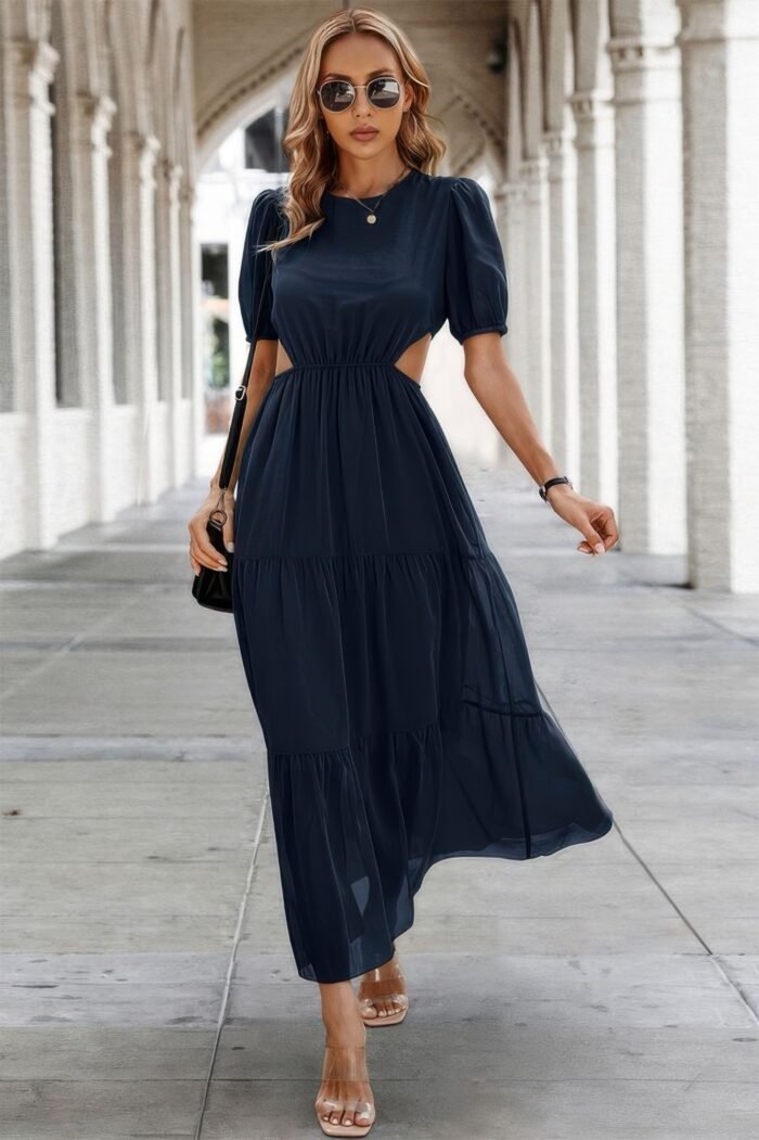 Cut out waist ruffle hem puff sleeves fit dress - image 12